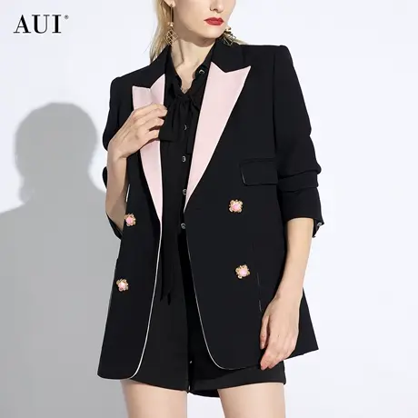AUI黑色正装职业西装外套女2024早春新款气质设计感廓形长袖西服图片