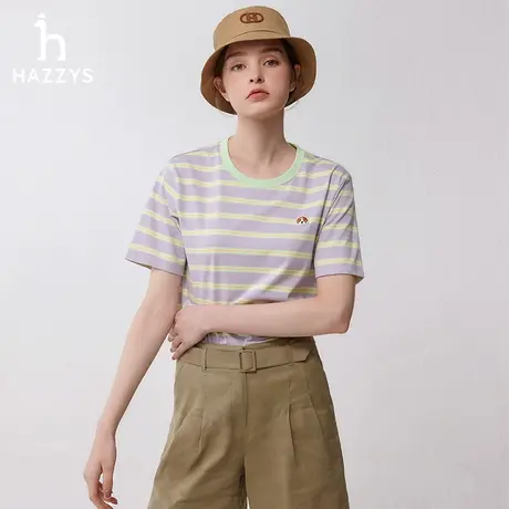 【纯棉舒适】Hazzys哈吉斯2024春夏季新品宽松条纹圆领t恤短袖女图片