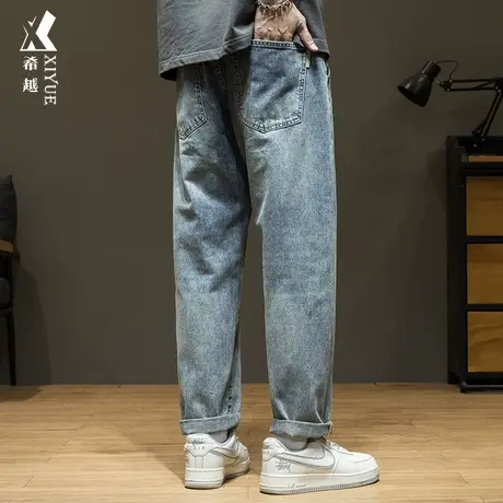 希越复古水洗牛仔裤男2024春季新款宽松大码男士潮牌破洞直筒裤子商品大图