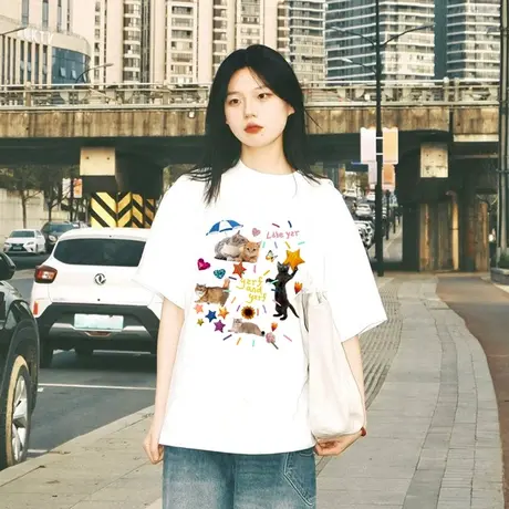 纯棉设计感猫咪印花短袖t恤女夏季新款小众韩版宽松半袖上衣潮牌商品大图
