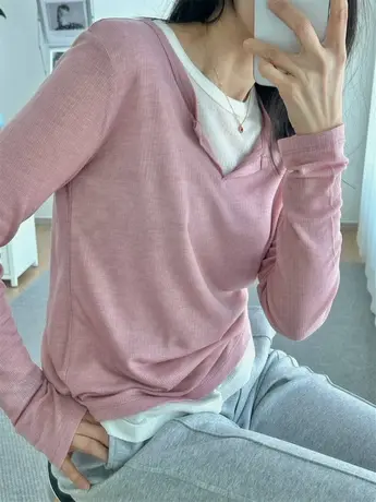 韩国东大门新款2024春秋季假两件半开领显瘦打底衫长袖T恤女上衣商品大图