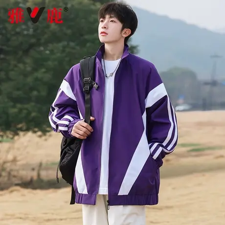 雅鹿男士立领外套男春季撞色潮牌美式学院风复古高街宽松休闲夹克商品大图