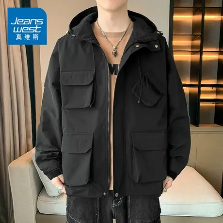 KZ真维斯秋冬季工装夹克外套男士连帽防风保暖外穿冲锋衣宽松上装商品大图