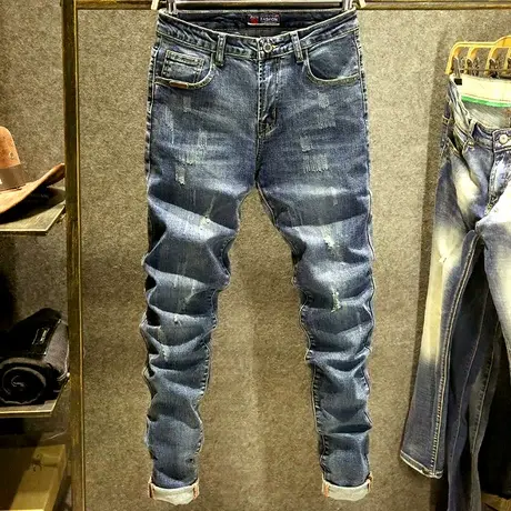 春秋款蓝色刮烂牛仔裤男青年修身弹力小脚裤子磨边猫爪潮流潮牌帅商品大图