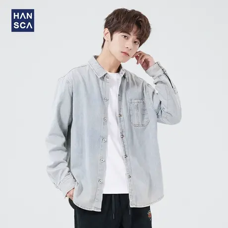 汉斯卡工装外套男2022春季新款纯色宽松百搭休闲复古翻领夹克上衣商品大图
