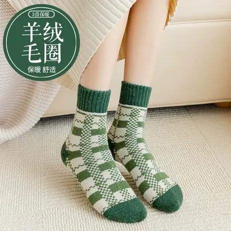 羊毛毛圈绿色系女2023秋冬款时尚加厚保暖中筒袜网红无骨堆堆袜图片