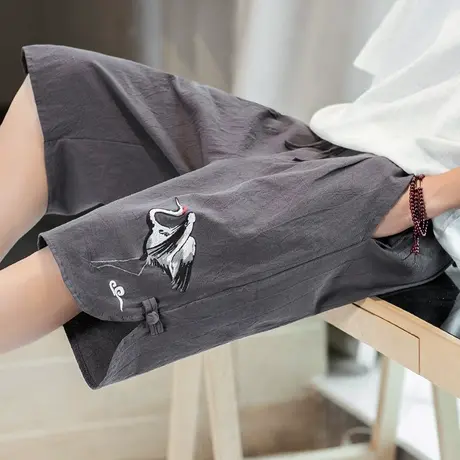 中国风棉麻短裤男五分裤宽松大码仙鹤刺绣直筒亚麻五分裤沙滩裤潮图片