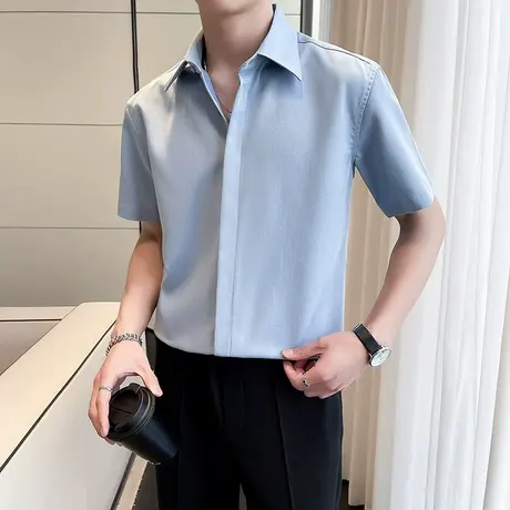 隐形暗门襟尖领衬衫男短袖夏季薄款冰丝清凉休闲痞帅半袖白衬衣潮图片