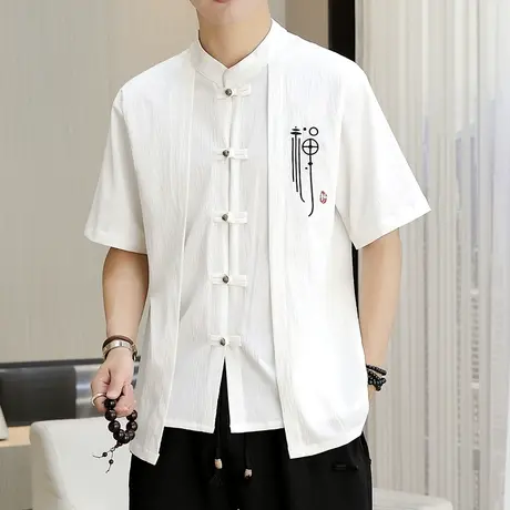 中国风刺绣短袖t恤男士假两件盘扣开衫新中式立领上衣夏季两件套商品大图