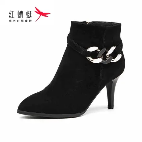红蜻蜓女靴短靴高跟女鞋秋冬季新款尖头加绒单靴真皮裸靴英伦细跟商品大图