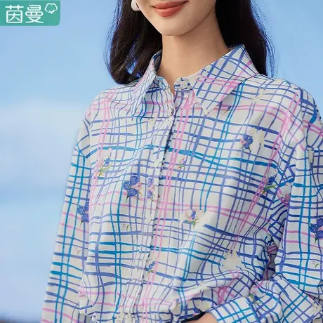 茵曼女装官方旗舰店格子衬衫女士长袖上衣2024年新款春装纯棉衬衣图片