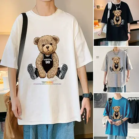 纯棉小熊短袖t恤男ins潮流夏季宽松百搭卡通半袖青年打底港风体恤商品大图
