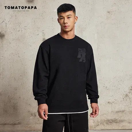 TOMATOPAPA原创秋季长袖T恤男纯色宽松长袖圆领白色内搭打底衫男商品大图