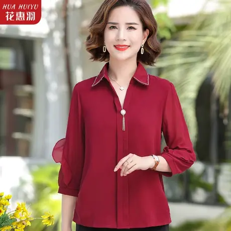 妈妈秋装洋气红色上衣中年女春秋时尚衬衫中老年气质打底小衫套装商品大图