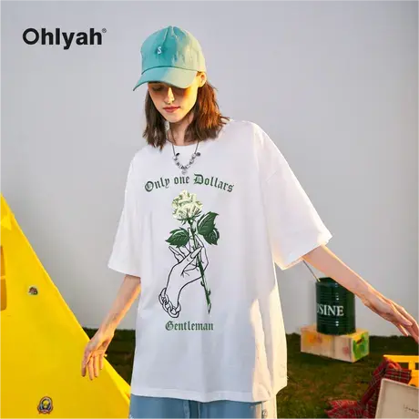 Ohlyah植物钱银玫瑰印花短袖t恤男女情侣装夏季落肩大码白色圆领商品大图