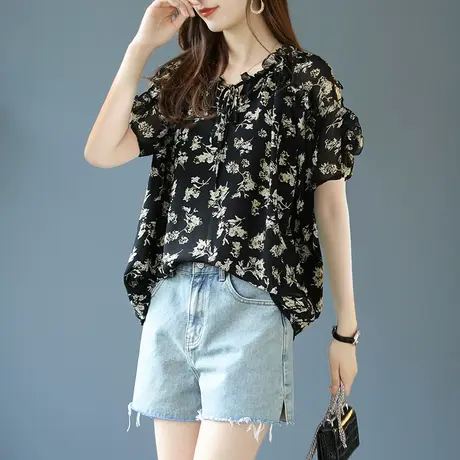 宝诗黎灯笼袖系带印花雪纺衫女2023气质减龄夏装新款V领短袖小衫商品大图