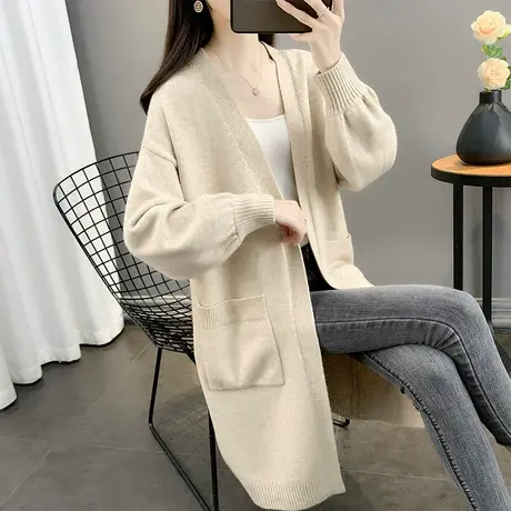 中长款毛衣外套女开衫秋季2023新款女装慵懒风宽松外搭口袋针织衫商品大图