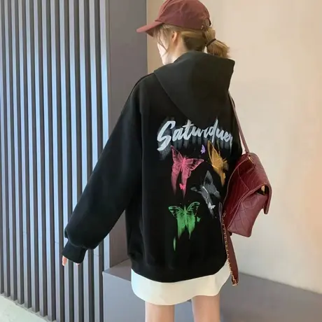 设计感连帽卫衣外套女2023新款早秋季宽松慵懒风百搭春秋薄款上衣图片