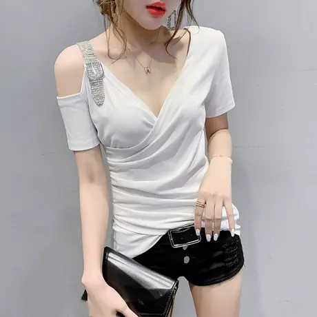 性感漏肩T恤女短袖夏装设计感不规则洋气上衣显瘦低胸深V领小衫潮图片