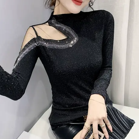 性感网纱镂空打底衫女内搭春装重工洋气烫钻长袖T恤ins半高领上衣图片