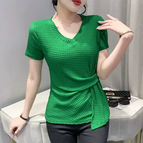 不规则V领T恤女短袖2023夏季新款时尚系带网纱上衣修身百搭小衫潮图片