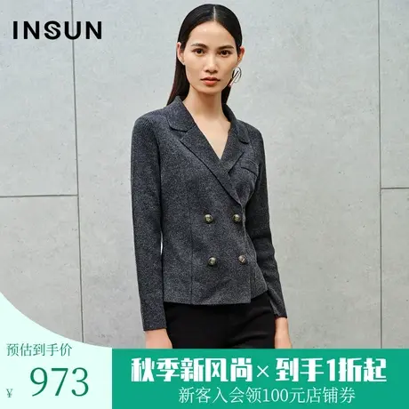 恩裳2023秋装新款商务感西装翻领双排扣收腰设计100%羊毛针织衫女商品大图