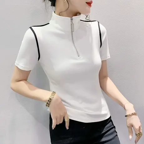 个性拉链T恤女短袖夏季2023新款设计感立领小衫气质纯色百搭上衣商品大图