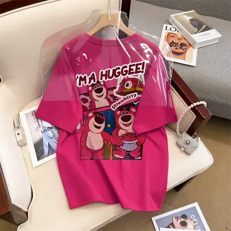 火龙果色美式草莓熊中长款短袖T恤女纯棉欧货大版宽松上衣爆款ins商品大图