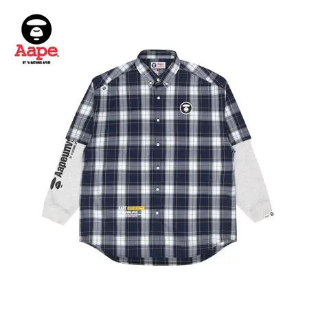 Aape旗舰店男装秋冬猿颜徽章字母印花拼接格纹长袖衬衫8412XBJ商品大图