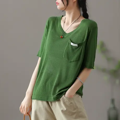 dza 复古宽松V领上衣女士短袖t恤夏季薄款圆领打底衫纯棉短款体恤商品大图