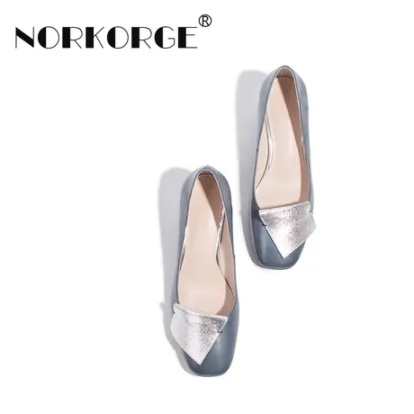 2023新款春秋复古蓝色单鞋女鞋真皮方头粗跟中跟鞋温柔浅口单鞋图片