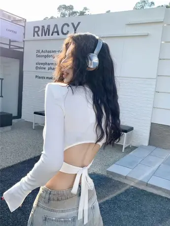 性感露背绑系带轻熟风上衣港味ins纯色紧身露脐短款露脐长袖T恤女商品大图