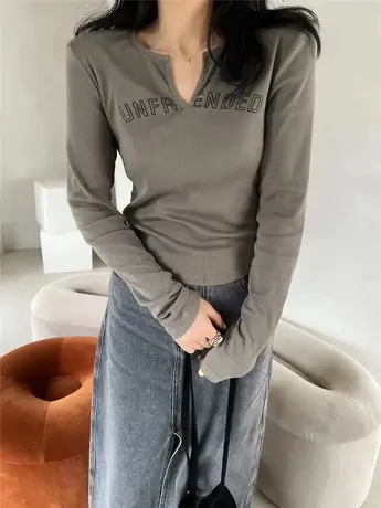 韩国东大门字母套头V领上衣内搭打底衫修身显瘦百搭休闲长袖T恤女商品大图