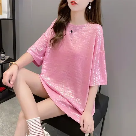 网红ins超火短袖t恤女夏韩版宽松中长款亮闪闪大版半袖体桖上衣潮商品大图