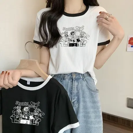 ins超火短款短袖正肩t恤女夏季学生宽松学院风洋气减龄半袖上衣潮商品大图