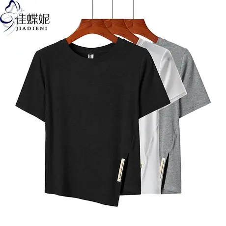 夏季新款圆领中长款韩版高开叉刺绣短袖体恤上衣内搭打底衫纯棉女商品大图