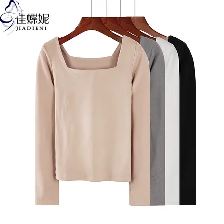 春秋新款韩版方领修身纯色双层面料长袖体恤上衣内搭打底衫女纯欲商品大图