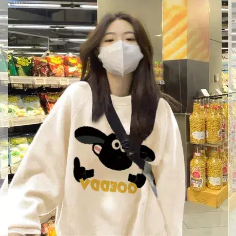 圆领卫衣女美式复古秋冬加绒加厚宽松潮牌港味chic无帽上衣服早春商品大图