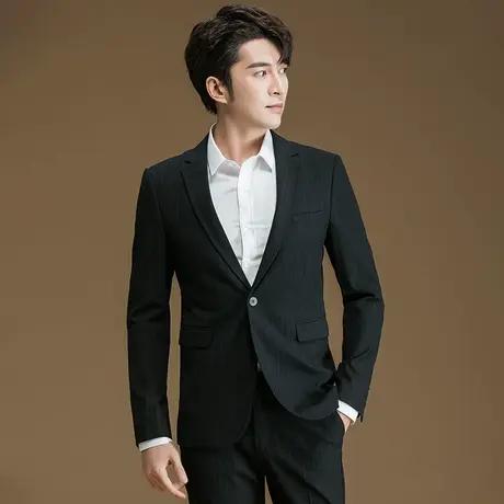西服套装男春秋商务职业正装修身暗竖纹免烫黑色西装韩版休闲外套图片