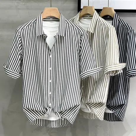 条纹衬衫男短袖冰丝薄款商务日系衬衣男士休闲五分半袖上衣夏季潮商品大图