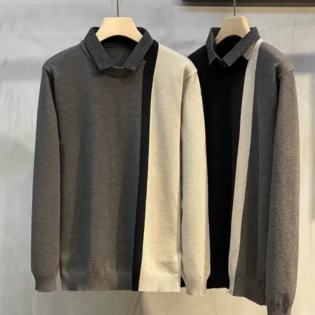 秋冬假两件衬衫领毛衣男2023秋季新款条纹拼接针织衫打底衫上衣潮商品大图