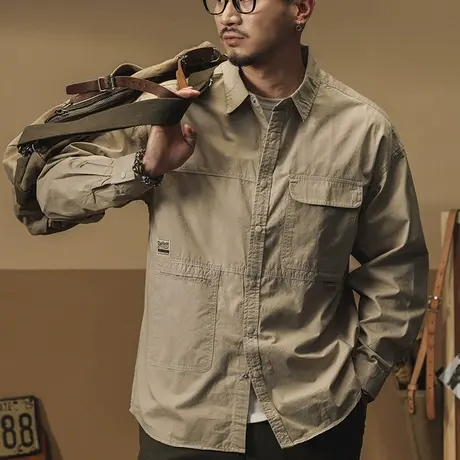 男士休闲复古工装衬衫宽松日系外套长袖潮流百搭大码纯色男士外套商品大图