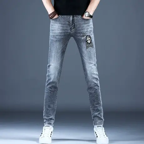 秋款男士新款牛仔裤子时尚高端烫钻刺绣修身小脚裤2023男潮牌百搭商品大图