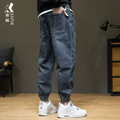 秋冬潮牌束脚牛仔裤男款宽松大码运动哈伦裤冬季加绒加厚休闲裤子商品大图