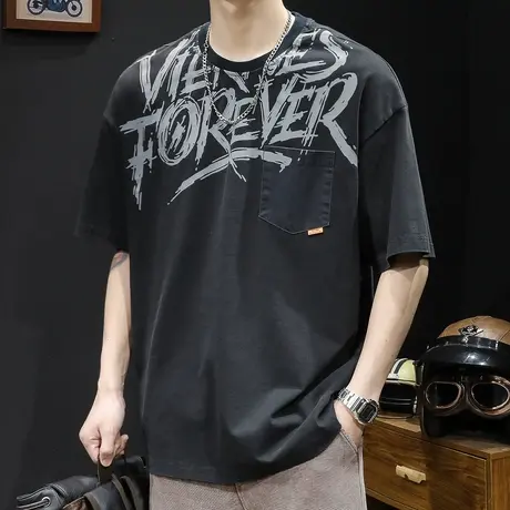 贴袋黑色短袖t恤男士潮牌大码夏季2023新款男款纯棉胖子男装体恤商品大图