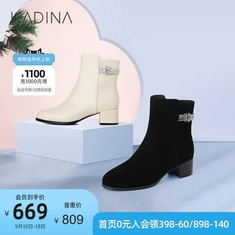 卡迪娜秋冬通勤圆头粗跟中跟拉链时装靴女短靴KA11566图片