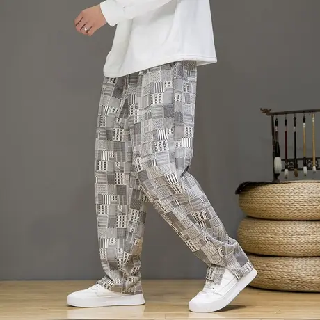 2023秋冬男休闲裤中国风麂皮绒格子几何印花裤子宽松大码个性长裤商品大图