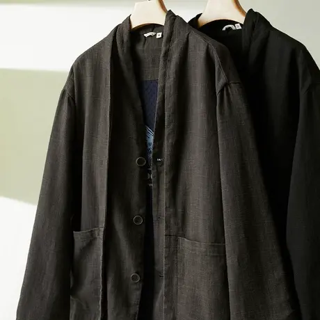 西服男士春秋季休闲苎麻开衫V领复古棉麻外套男麻料上衣黑色男装商品大图