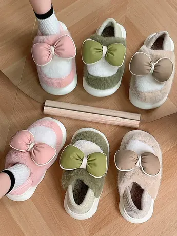 少女心蝴蝶结棉拖鞋女冬季外穿踩屎感包跟毛毛鞋厚底防滑家居棉鞋商品大图