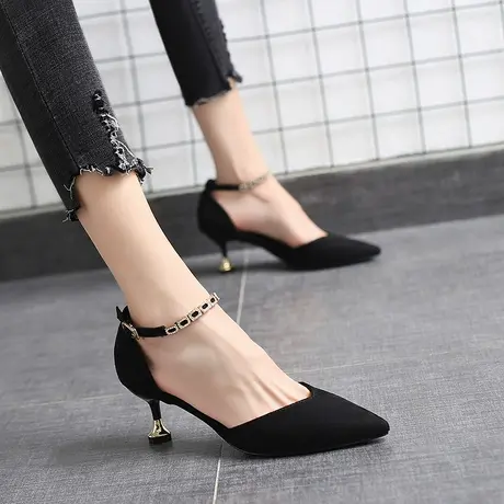 2023春季新款尖头高跟鞋女春细跟百搭一字扣法式少女包头低跟单鞋图片